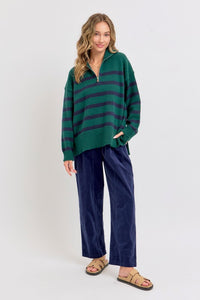 Hunter/Navy Striped Zip-Front Oversized Pullover Knit Sweater