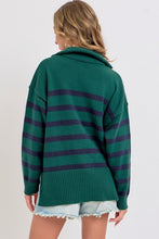 Hunter/Navy Striped Zip-Front Oversized Pullover Knit Sweater