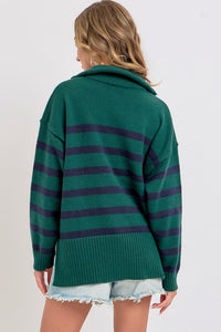 Hunter/Navy Striped Zip-Front Oversized Pullover Knit Sweater