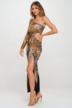 Brown Animal Print Long Sleeve Cutout Maxi Dress