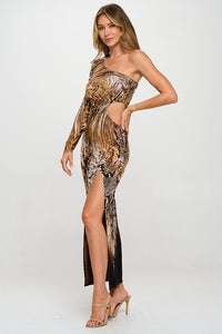 Brown Animal Print Long Sleeve Cutout Maxi Dress