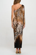 Brown Animal Print Long Sleeve Cutout Maxi Dress