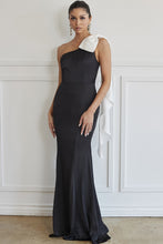 Black/White One Shoulder Bow Detail Satin Maxi Dress