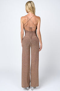 Gold Metallic Lurex Glitter Drawtring Widelegs Jumpsuit