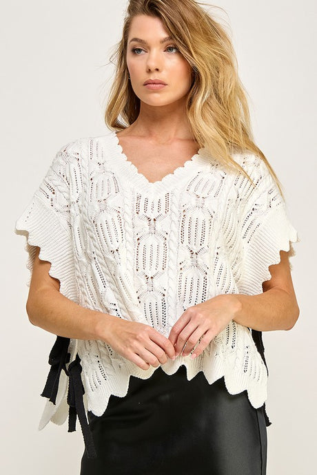 White/Black Crocheted Knit Top With Bow Detail