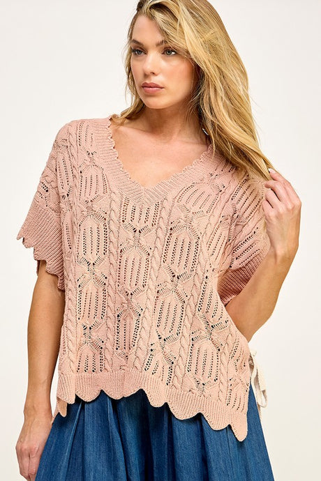 Apricot/Ecru Crocheted Knit Top With Bow Detail