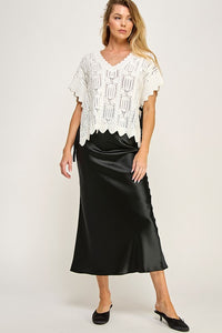 White/Black Crocheted Knit Top With Bow Detail