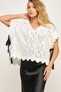 White/Black Crocheted Knit Top With Bow Detail
