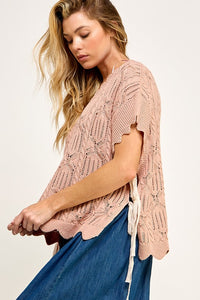 Apricot/Ecru Crocheted Knit Top With Bow Detail