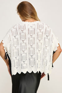 White/Black Crocheted Knit Top With Bow Detail