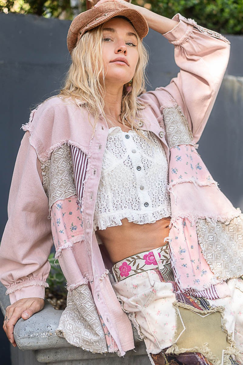 Pastel Mauve Oversize Balloon Sleeve Mix Fabrication Jacket