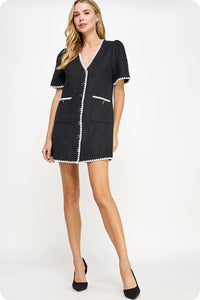 Black/White Embroidered Tweed Mini Dress