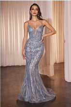 Blue Lace & Tulle Crystal Embellished Fitted Gown