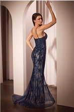 Navy Nude Lace & Tulle Crystal Embellished Fitted Gown