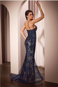 Navy Nude Lace & Tulle Crystal Embellished Fitted Gown