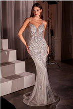 Silver Nude Lace & Tulle Crystal Embellished Fitted Gown
