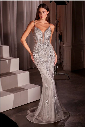 Silver Nude Lace & Tulle Crystal Embellished Fitted Gown