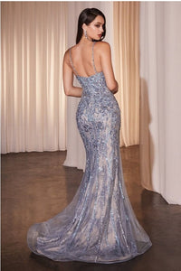 Blue Lace & Tulle Crystal Embellished Fitted Gown