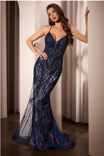 Navy Nude Lace & Tulle Crystal Embellished Fitted Gown