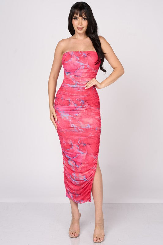 Hot Pink Luxe Marble Print Mesh Ruched Slit Tube Maxi Dress Aquarius Brand Hot Pink Luxe Marble Print Mesh Ruched Slit Tube Maxi Dress Aquarius Brand