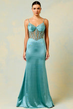 Sage Sleeveless Pleated Bustier Illusion Top Mermaid Dress