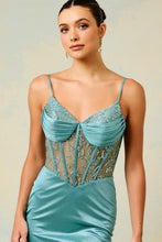 Sage Sleeveless Pleated Bustier Illusion Top Mermaid Dress