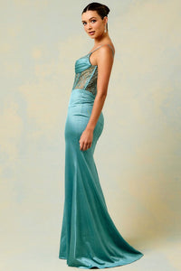 Sage Sleeveless Pleated Bustier Illusion Top Mermaid Dress