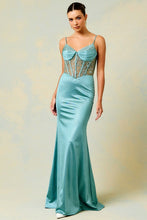 Sage Sleeveless Pleated Bustier Illusion Top Mermaid Dress