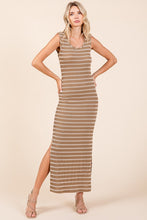 Camel Striped Knit Scoop Neck Sleeveless Maxi Dress