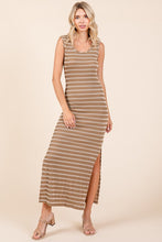 Camel Striped Knit Scoop Neck Sleeveless Maxi Dress