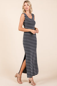 Black Striped Knit Scoop Neck Sleeveless Maxi Dress