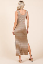 Camel Striped Knit Scoop Neck Sleeveless Maxi Dress