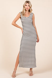 Ivory Striped Knit Scoop Neck Sleeveless Maxi Dress