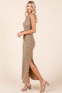 Camel Striped Knit Scoop Neck Sleeveless Maxi Dress