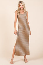 Camel Striped Knit Scoop Neck Sleeveless Maxi Dress