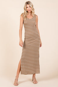 Camel Striped Knit Scoop Neck Sleeveless Maxi Dress
