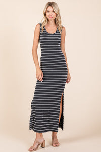 Black Striped Knit Scoop Neck Sleeveless Maxi Dress