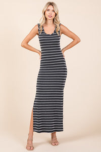Black Striped Knit Scoop Neck Sleeveless Maxi Dress