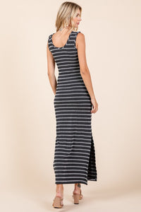 Black Striped Knit Scoop Neck Sleeveless Maxi Dress