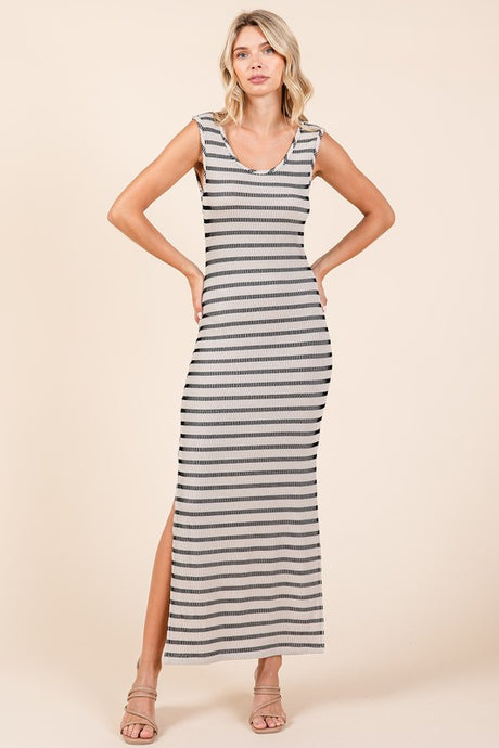 Ivory Striped Knit Scoop Neck Sleeveless Maxi Dress