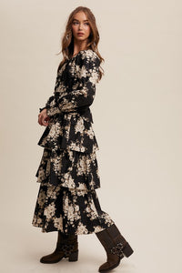 Black Floral Tiered Maxi Dress