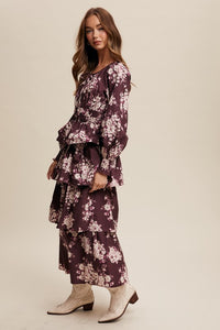 Red Bean Floral Tiered Maxi Dress