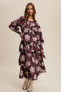 Red Bean Floral Tiered Maxi Dress