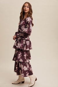 Red Bean Floral Tiered Maxi Dress
