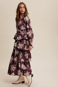 Red Bean Floral Tiered Maxi Dress