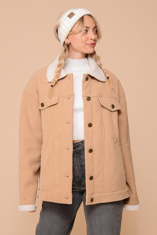 Taupe Cozy Corduroy Oversized Jacket With Sherpa Detail