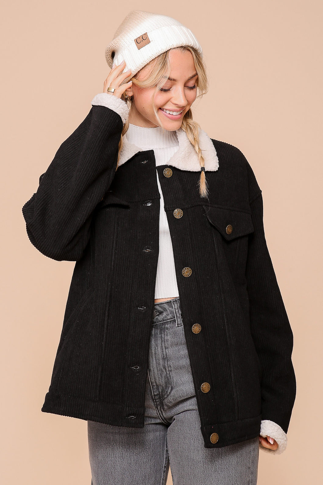 Black Cozy Corduroy Oversized Jacket With Sherpa Detail
