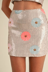 Blush Floral Sequin Crop Top And Mini Skirt Set