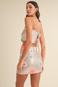 Blush Floral Sequin Crop Top And Mini Skirt Set