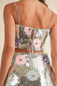 Silver Floral Sequin Crop Top And Mini Skirt Set